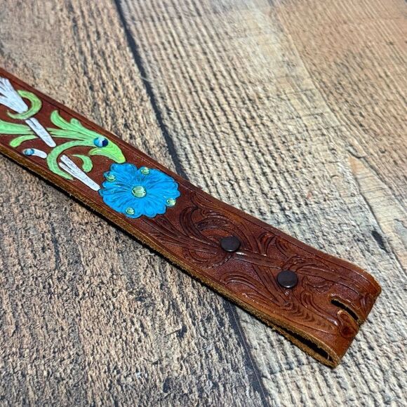 Floral painted tooled leather belt with rhinestone bling detail main image 6